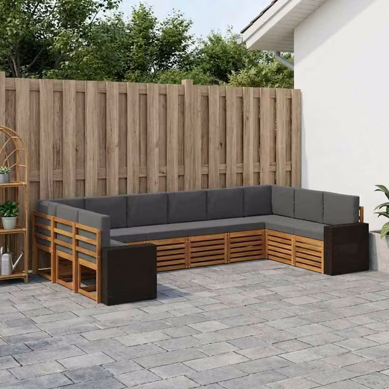 vidaXL Set di divani da esterno a L in legno di acacia con cuscini, Beige e Antracite