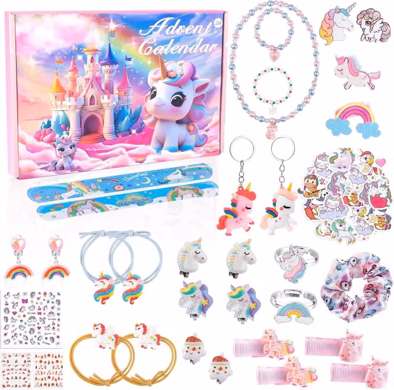 Calendario dell'Avvento 2025 a tema unicorno per bambine: un calendario dell'Avvento di 24 giorni con giocattoli a tema unicorno, regali e accessori per capelli