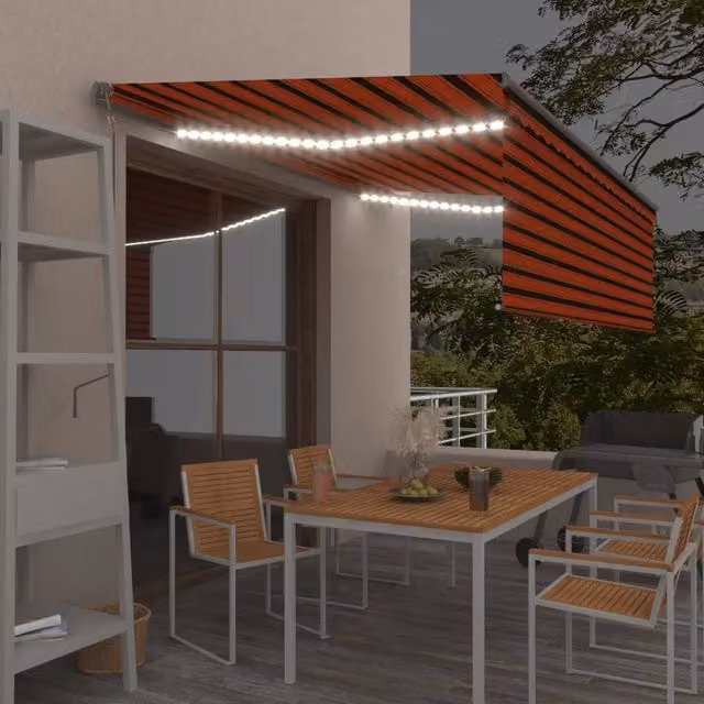 Tenda da sole automatica vidaXL con LED, sensore vento e telecomando, arancione, marrone e antracite, L: 450 cm, P: 300 cm