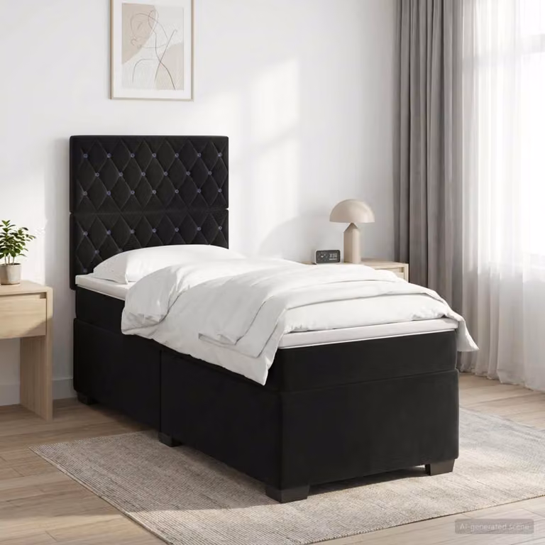 Letto box spring vidaXL con materasso in velluto nero, L 200 x L 90 cm