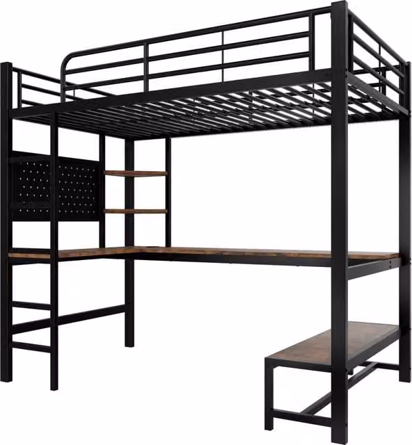 Letto a soppalco in metallo nero 90x200 cm con scrivania, mensole, LED, USB Type-C e scaletta