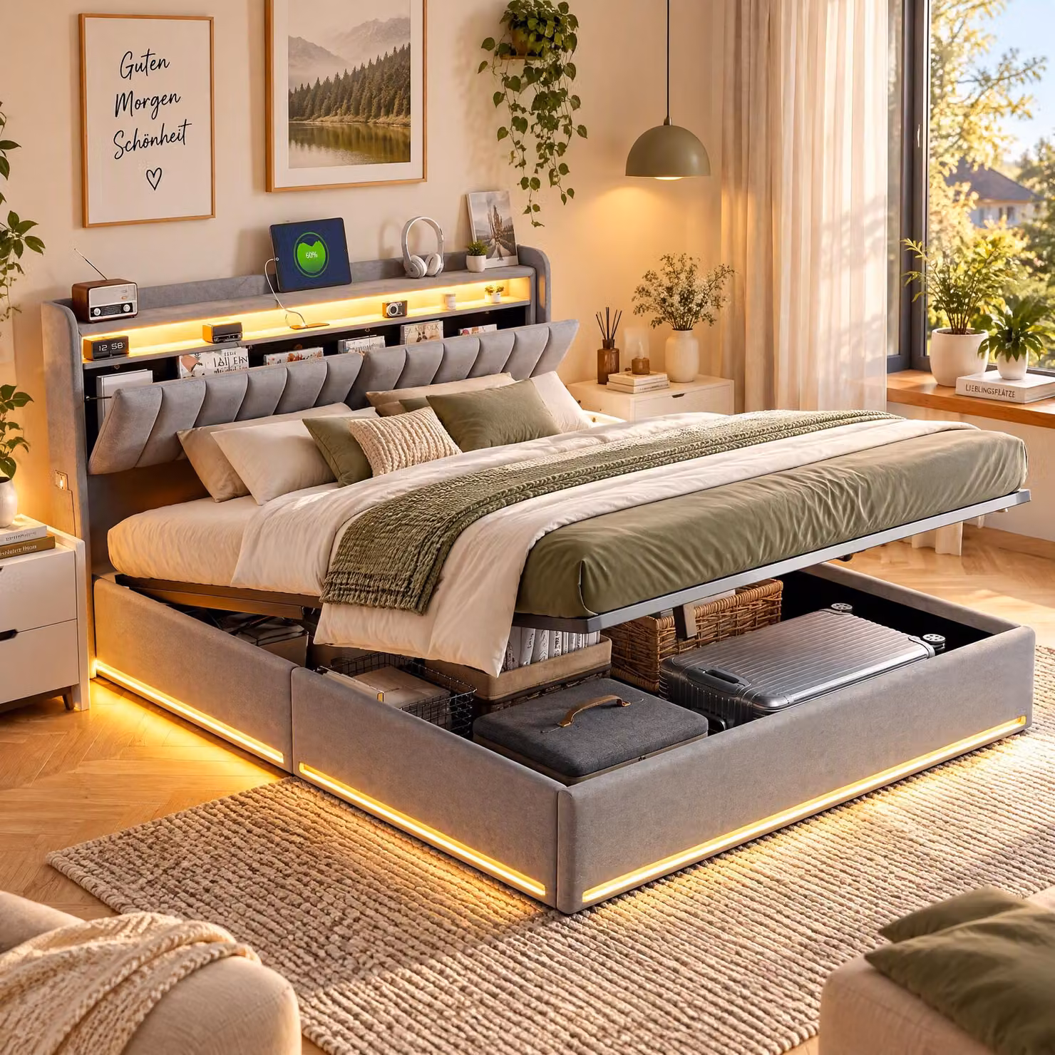 Letto imbottito 140x190 cm con contenitore, letto matrimoniale con illuminazione LED, poggiatesta con spazio contenitivo e prese USB, letto a molle con rete a listelli, rivestito in velluto, colore grigio (senza materasso)