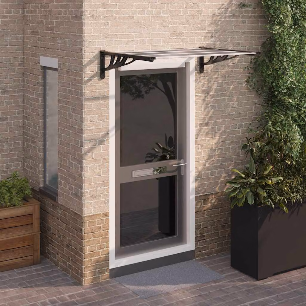 Tettoia per porta vidaXL in policarbonato e alluminio, Nero e Trasparente, L: 122 cm, P: 90 cm, H: 27,5 cm