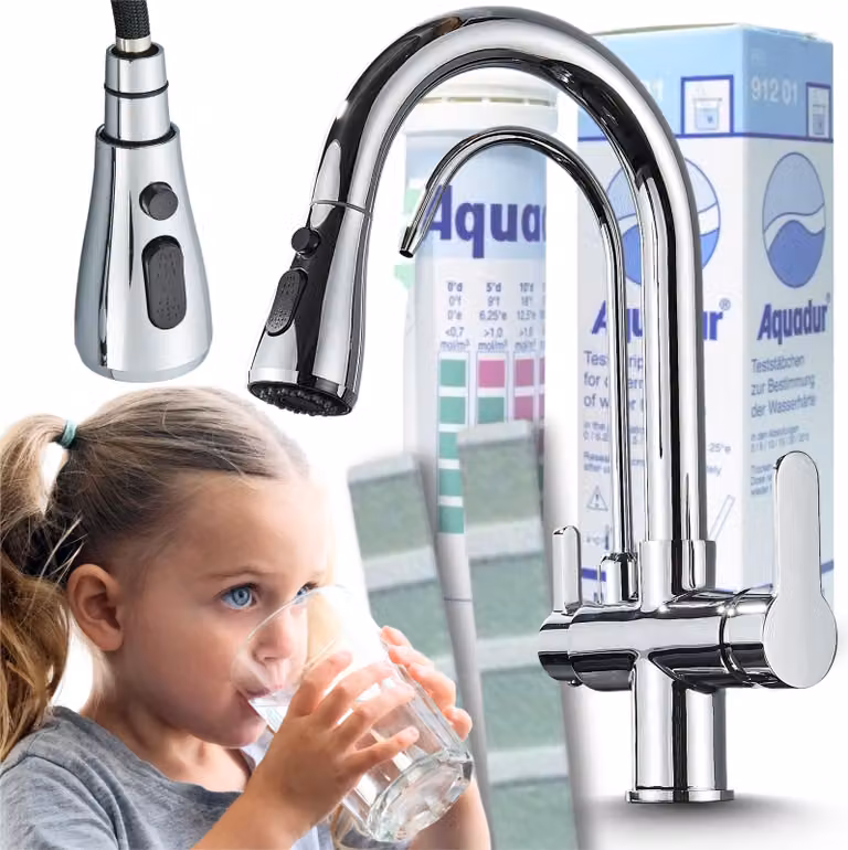 Rubinetto da cucina a 3 vie Ari Nordic con doccetta estraibile, beccuccio girevole 360, per filtro acqua, cromato