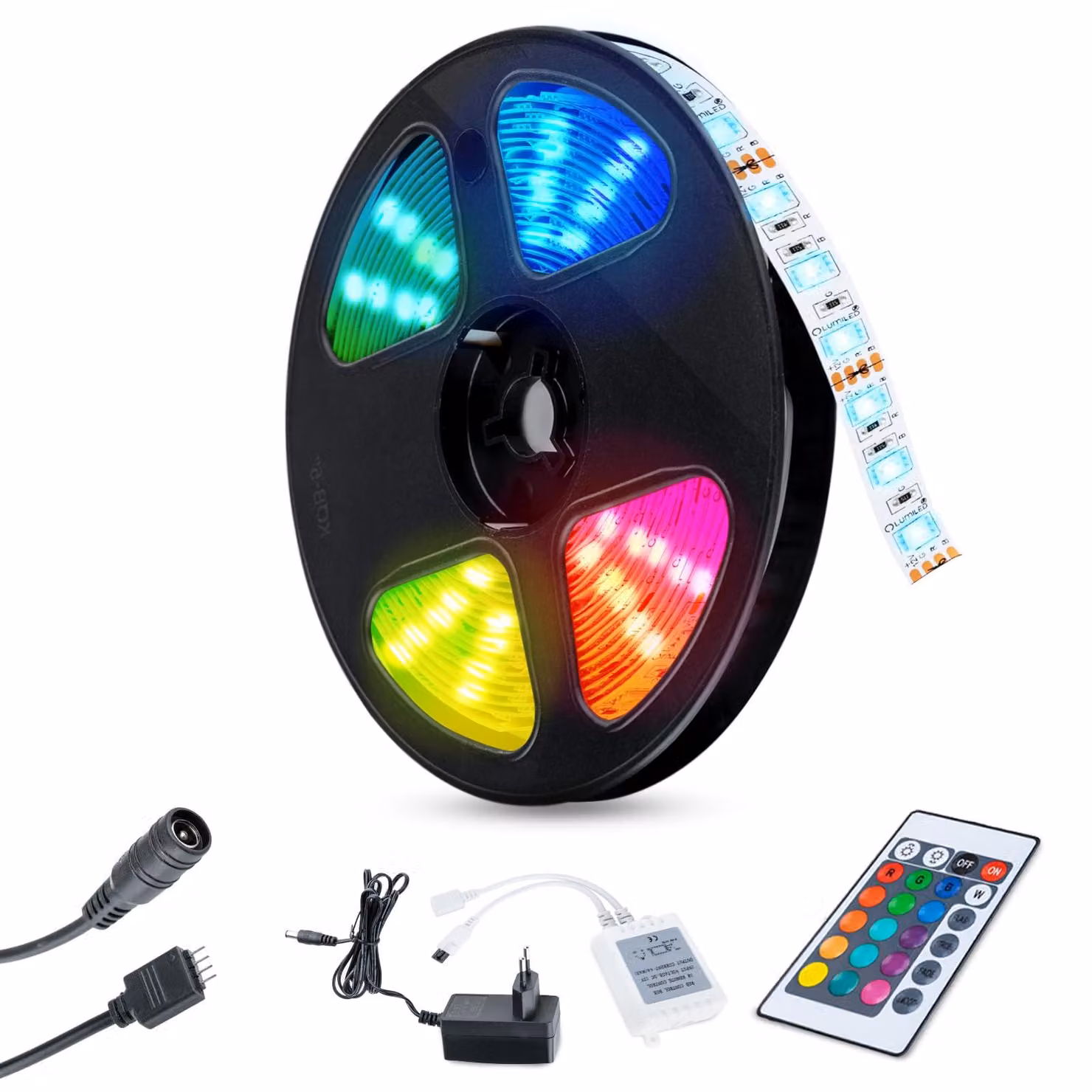 LUMILED Striscia LED 5M con telecomando, 300 LED 12V RGB cambio colore 24W Striscia LED SMD Striscia LED IP33 2640 lm Striscia luminosa autoadesiva per uso interno decorazione casa cucina camera da letto con spina UE