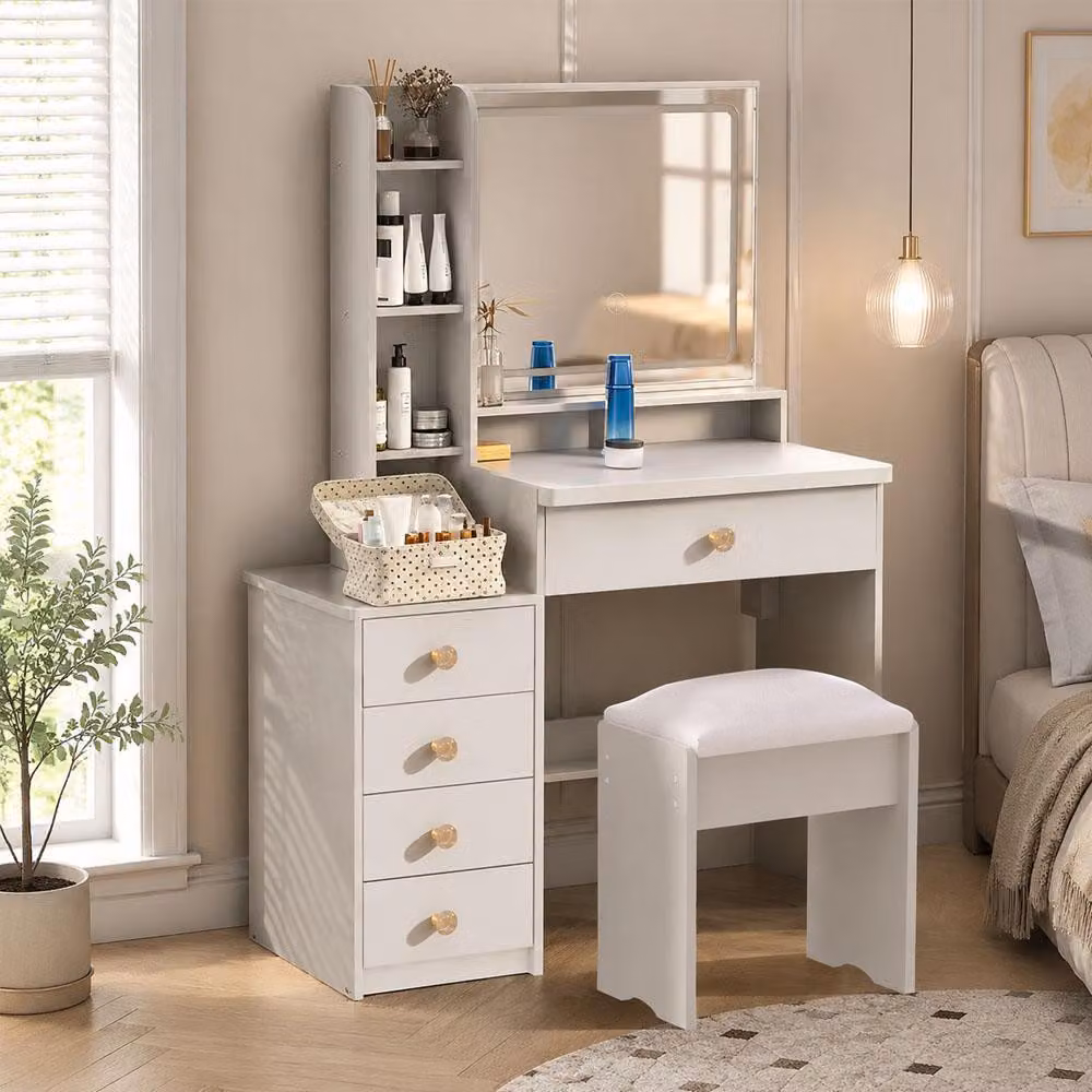 Toeletta GLIESE con specchio illuminato a LED, luminosità regolabile, 5 cassetti, 3 modalità di illuminazione e sgabello imbottito, bianco