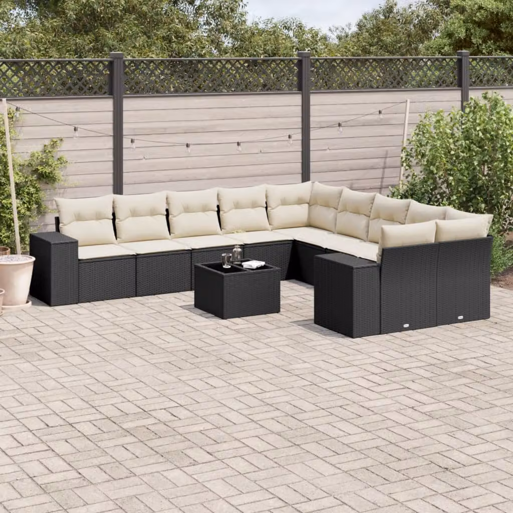 vidaXL Set Divani da Giardino 11 pz a Forma a L con Cuscini e Tavolino, Polyrattan Nero e Bianco – 1