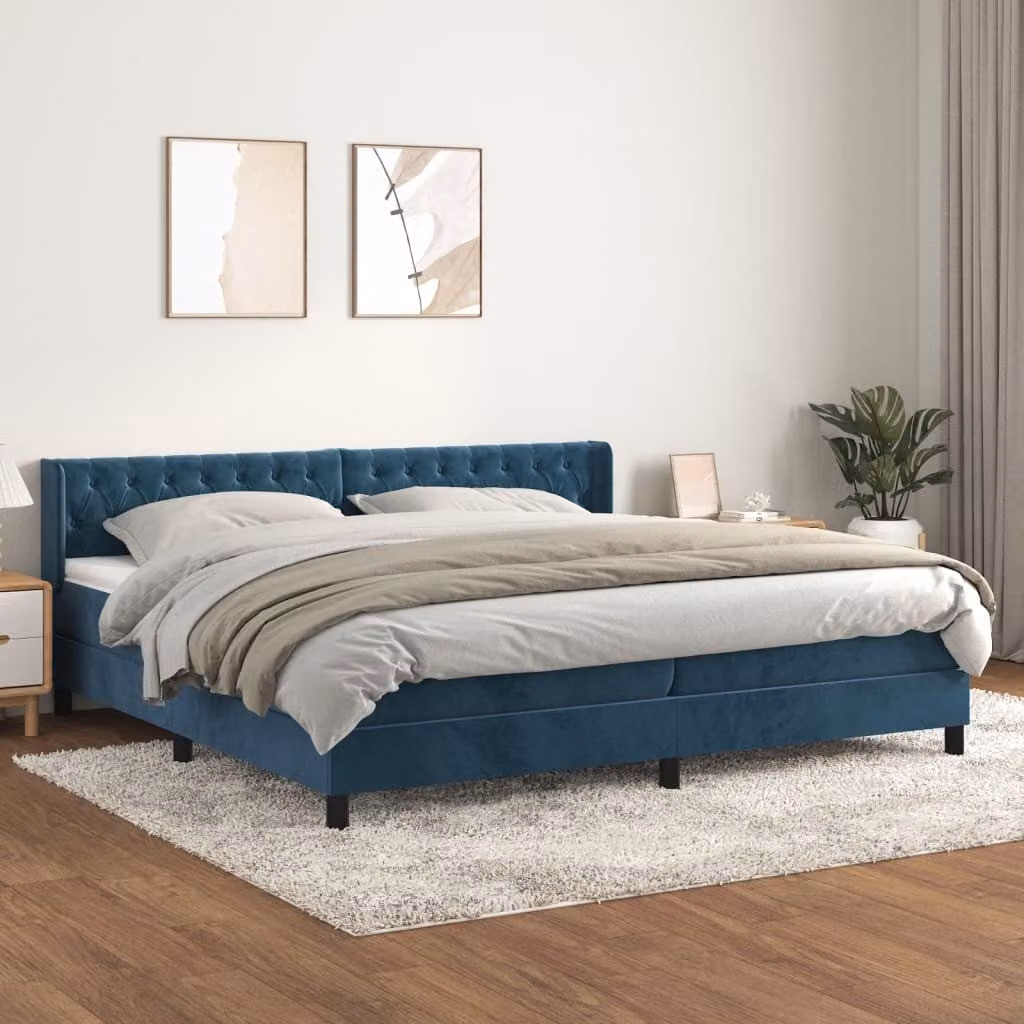 The Living Store Letto a molle con materasso blu scuro 200x200 cm in velluto