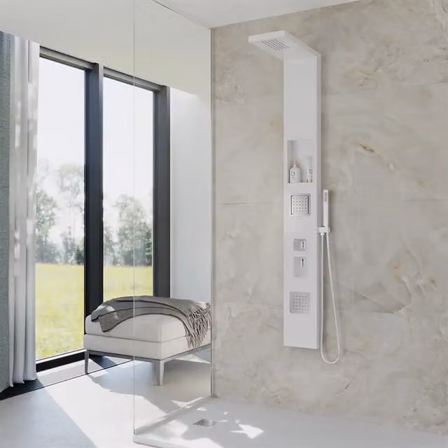 Pannello doccia Fern in alluminio bianco opaco con doccino a mano, deviator di flusso e getti idromassaggio – 1