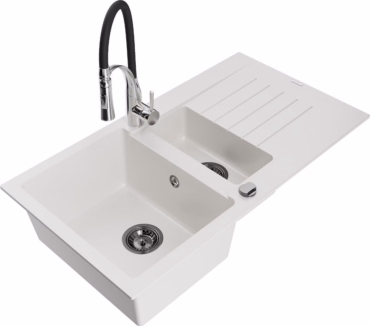Mexen Matias lavello in granito 1,5 vasche con gocciolatoio e rubinetto da cucina Aster, bianco - 6502-20-73450-07-B