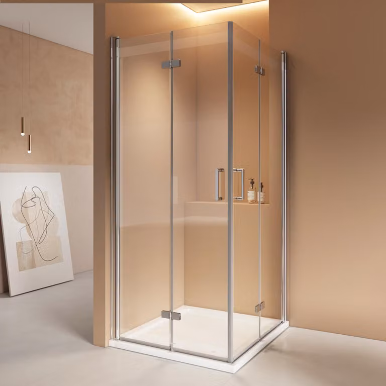 Cabina doccia EMKE 75x75x195 cm, ingresso angolare, porta a battente, porta a soffietto, vetro di sicurezza ESG da 6 mm con rivestimento nano, altezza 1950 mm, funzione di sollevamento/abbassamento, finitura cromata