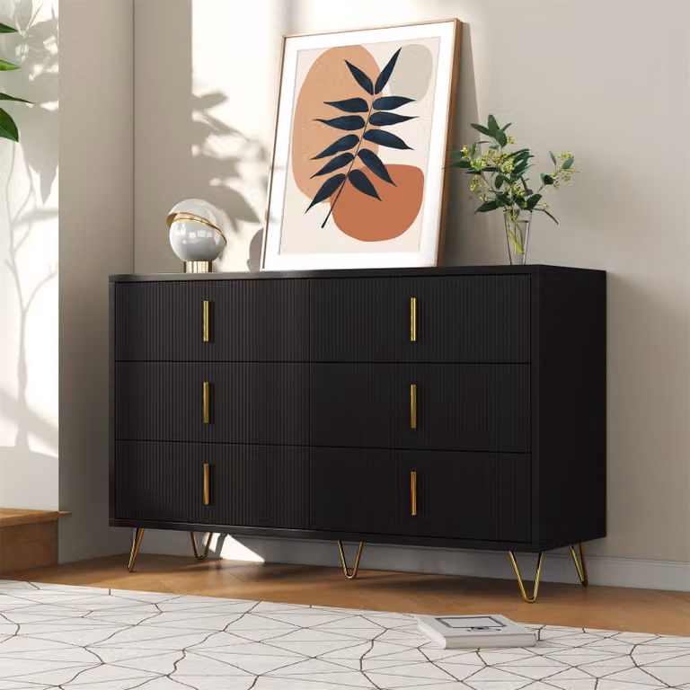 Cassettiera Merax 120 cm con 6 cassetti, credenza portaoggetti con maniglie e gambe dorate, bianco/nero opaco, design moderno, soggiorno camera da letto corridoio