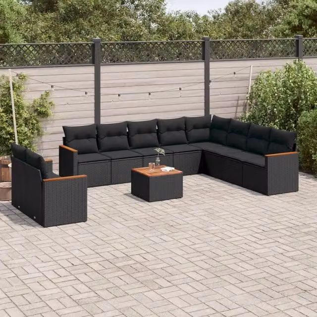 Set di divani da giardino a L vidaXL nero con 11 pezzi, compresi cuscini e tavolino, in polyrattan e metallo con struttura in acciaio verniciato a polvere