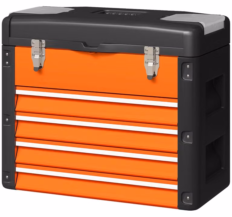 Cassetta degli attrezzi con 4 cassetti e mini-contenitore | Colore: Arancione, Nero | Dimensioni: 49,7 x 25,3 x 40,7 cm