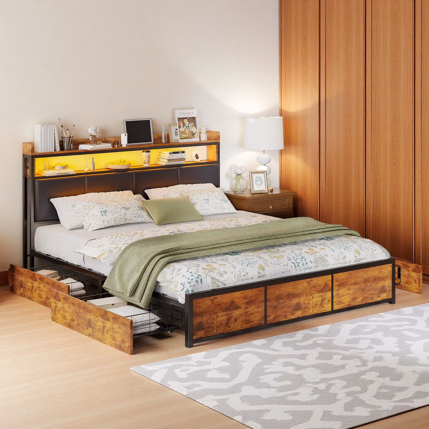 Letto matrimoniale in metallo INONEFT, 160x200 cm, con illuminazione a LED, dotato di 4 cassetti, struttura con testiera e rete a doghe. Non include il materasso. Colore: nero (PU)