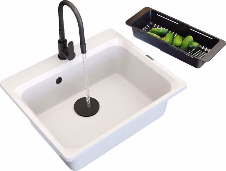 Granitan - Lavello in granito - Lavello da cucina - 62x52 cm - Bianco - con rubinetteria GRADO e scolapiatti - Lavello - ZANTE