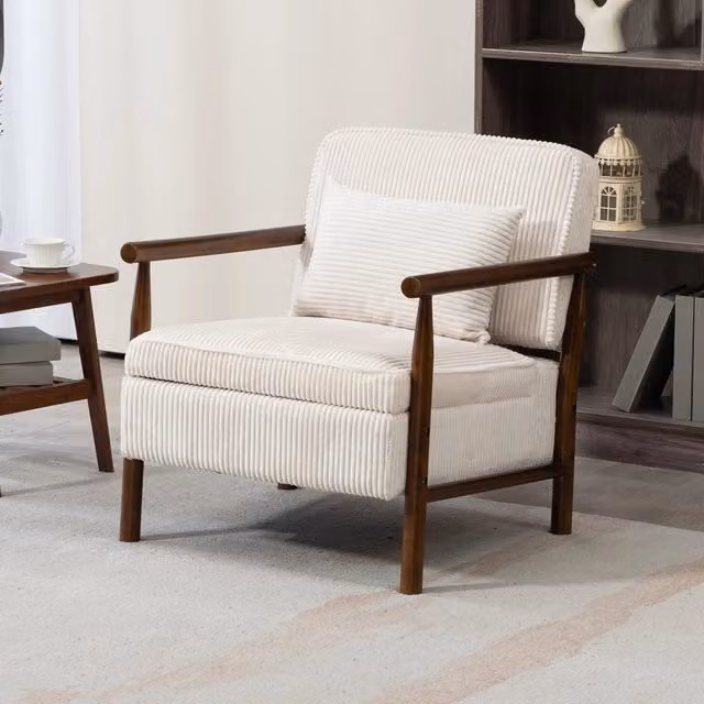 Poltrona moderna con struttura in legno naturale, imbottita con schiuma ad alta densità, con cuscino lombare, ideale per soggiorno e camera da letto