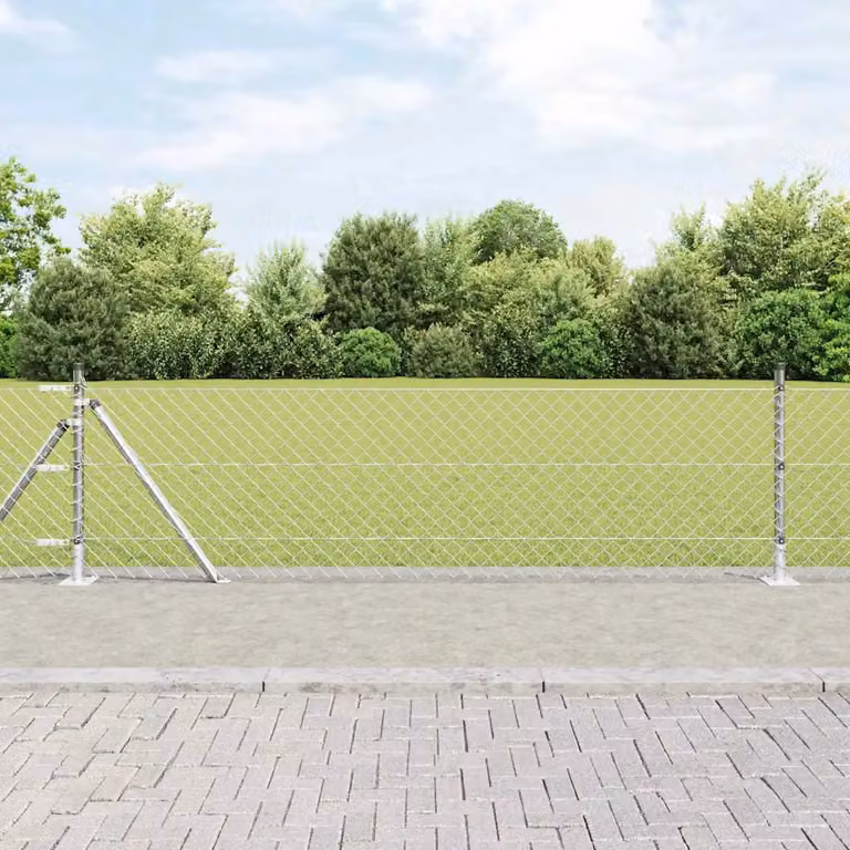 Recinzione a maglie vidaXL in acciaio zincato con base in cemento, Argento, L: 25 m, H: 0,4 m