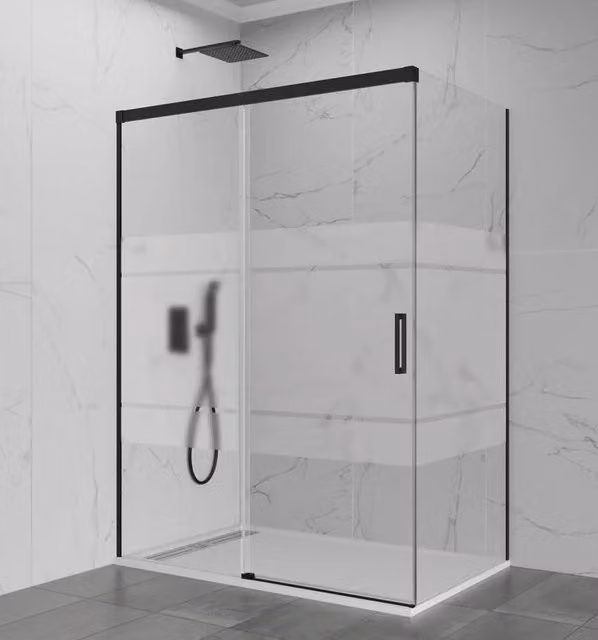 Box doccia angolare rettangolare BASI con vetro Frost e finitura nero opaco L: 160 cm, P: 75 cm