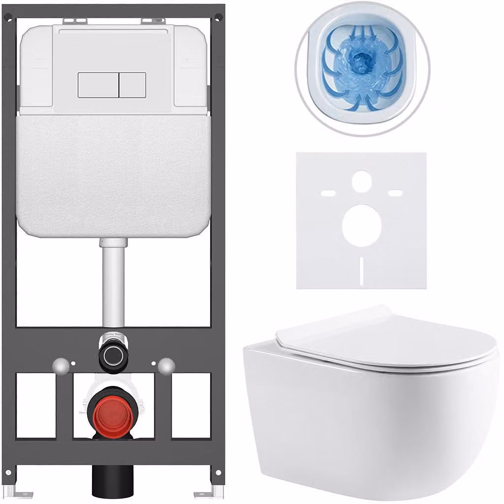 CERANO - Set WC da incasso Felci - bianco lucido - pulsante Prime/Modulo, bianco - sospeso - installazione pre-parete/cartongesso - 53x37 cm