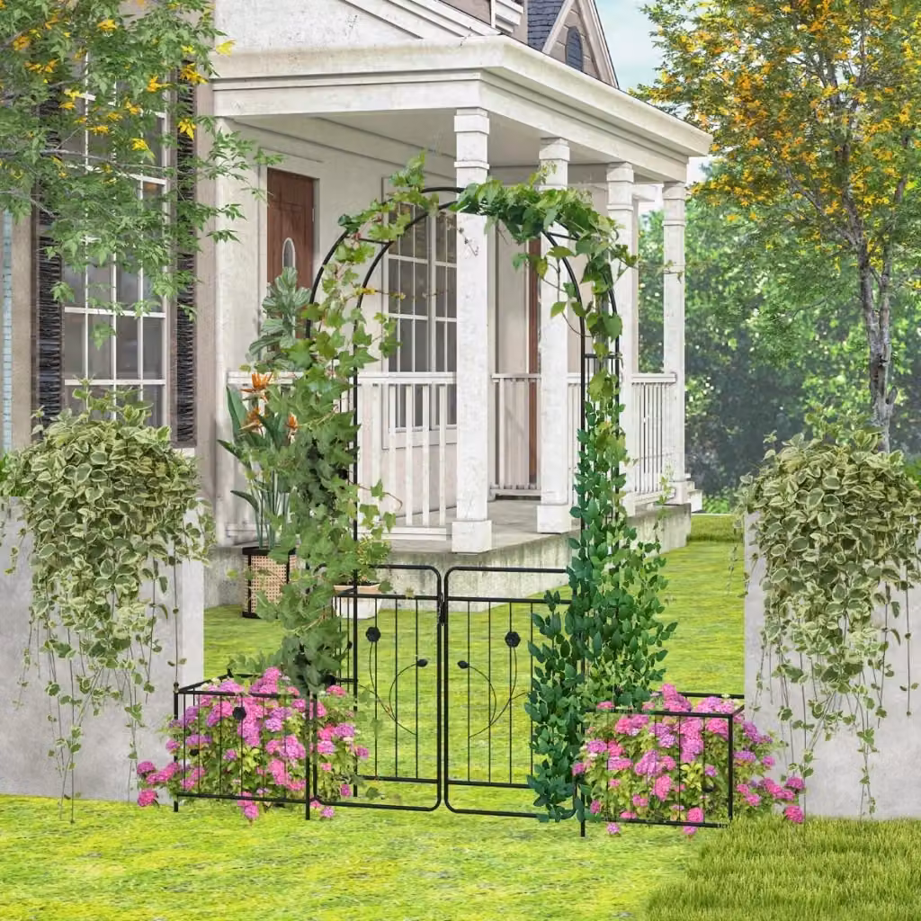 Gazebo da giardino in metallo nero con cancello bloccabile, archetto e fioriere laterali per piante rampicanti, L: 220 cm, P: 202 cm, H: 50 cm – 2