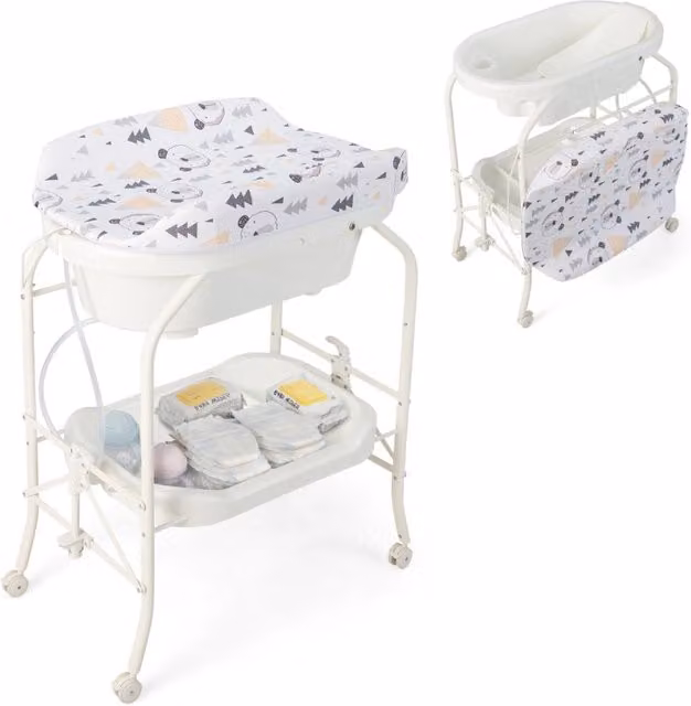 Fasciatoio per bambini moderno con mini vasca da bagno e cuscinetto in PVC rimovibile, stazione di cambio pannolini con contenitori integrati e ruote, Bianco
