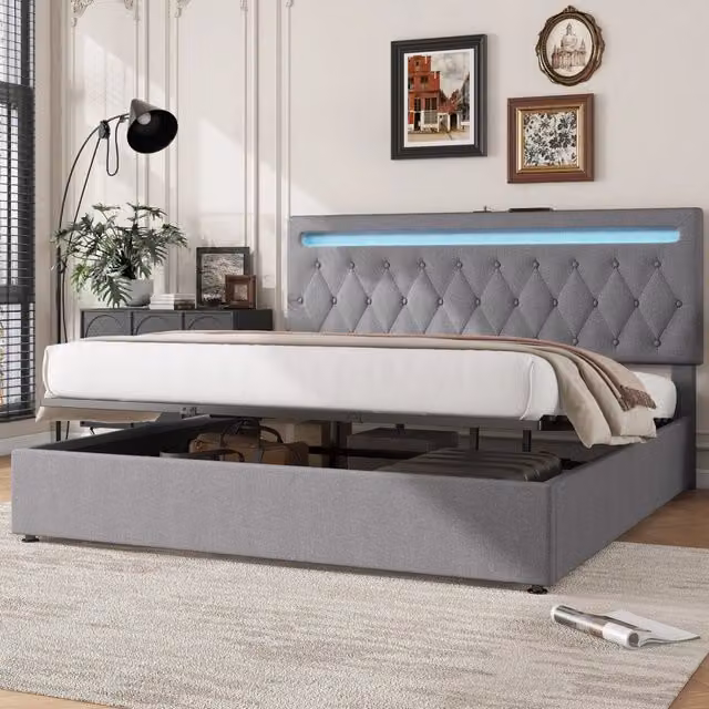 Letto imbottito 180x200 cm con sollevamento idraulico; lino; grigio