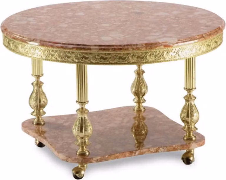 Casa Padrino tavolino barocco rosa/oro Ø 80 x H. 43 cm - Tavolino da salotto rotondo in ottone con piano in marmo e rotelle - Mobili da salotto barocchi