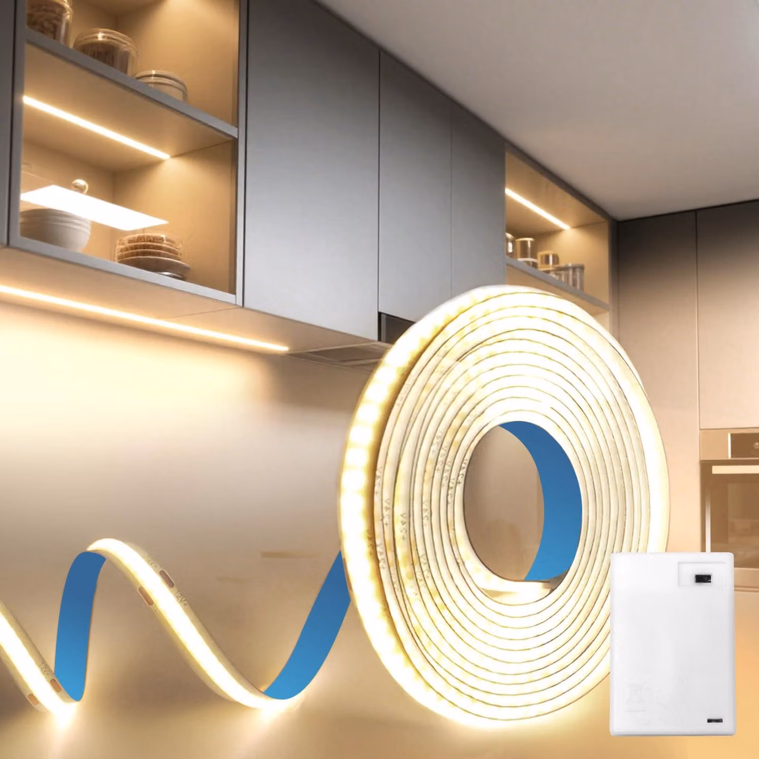 Striscia LED con batterie, tecnologia COB, lunghezza 1 metro, 5V, 320 LED al metro, luce bianca neutra, temperatura di colore 4000K