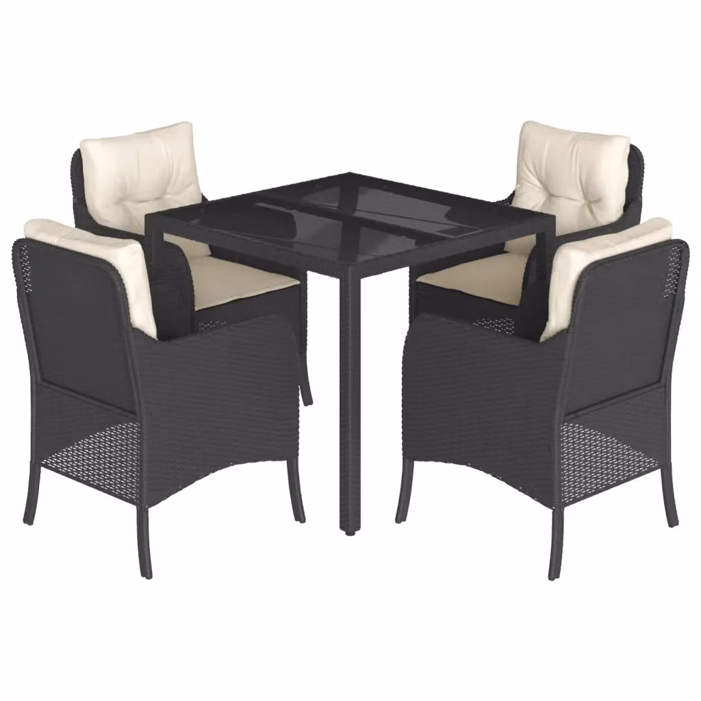 Set da Pranzo da Giardino vidaXL in Polyrattan Nero con Cuscini e Tavolo in Vetro 5 pz – 2