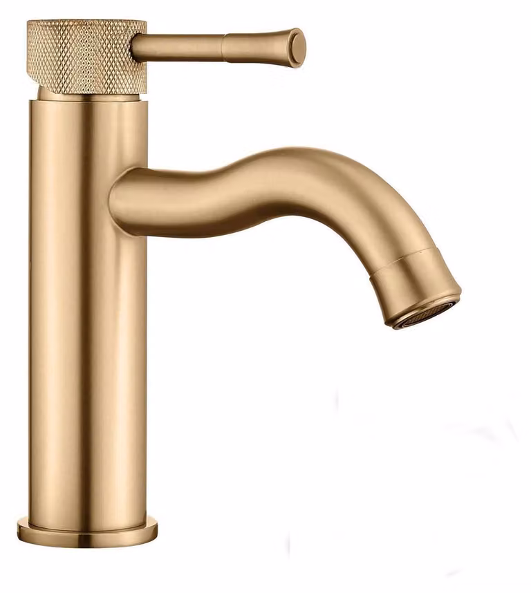 Miscelatore per lavabo da bagno, finitura oro spazzolato, con prolunga e regolatore del flusso