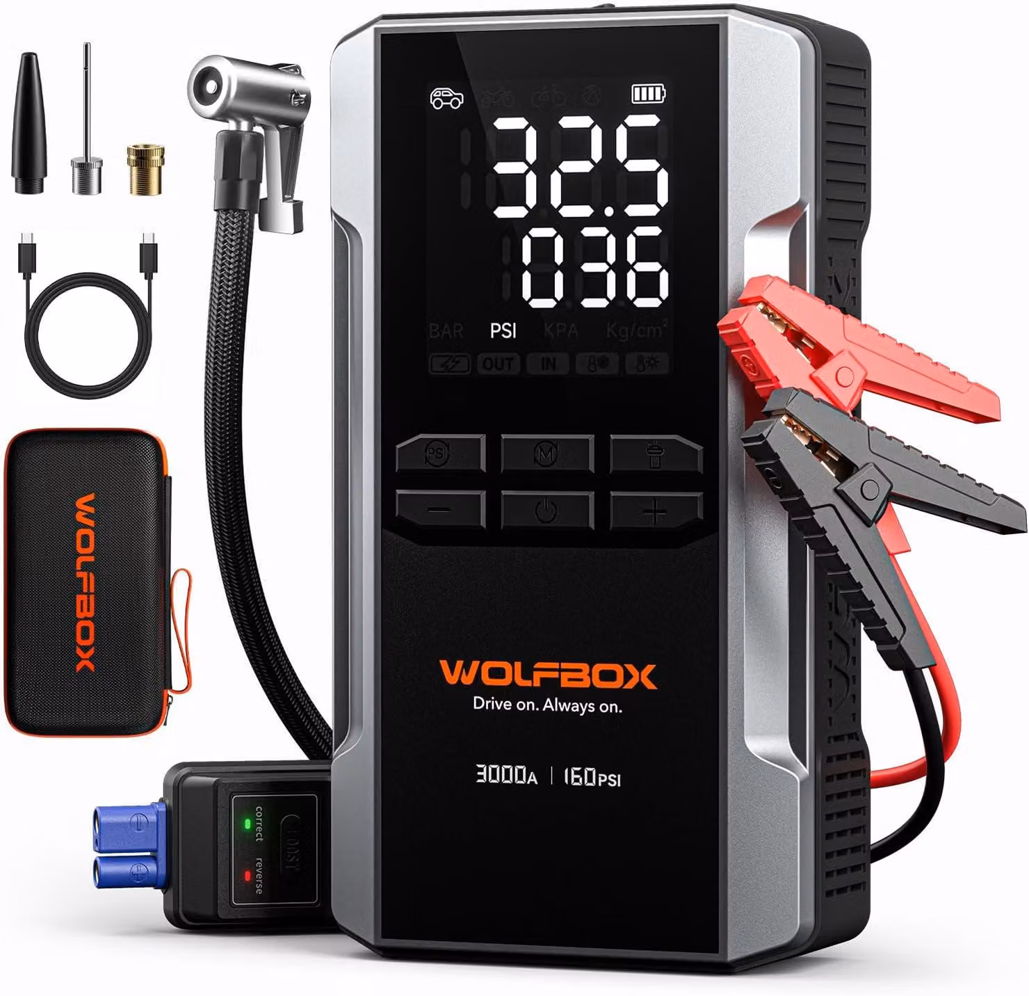 Power bank di avviamento di emergenza da 3000 A, con compressore d'aria da 160 psi, ricarica rapida da 65 W, capacità di 59,2 Wh, compatibile con motori a benzina e diesel fino a 6 litri