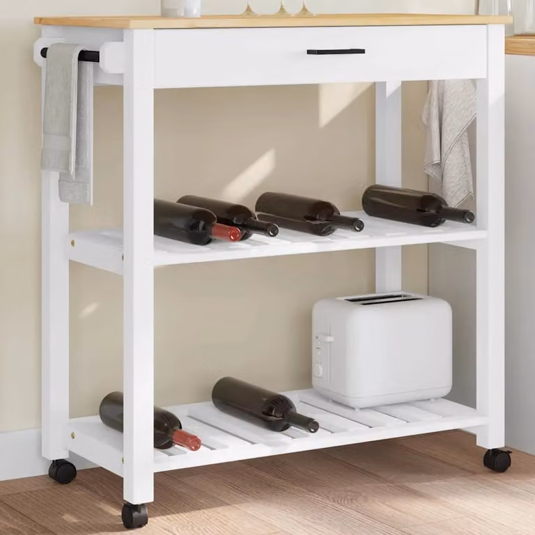 vidaXL Carrello da Cucina MONZA in Legno di Pino e Metallo, Bianco, L/P/H: 84 x 40 x 88,5 cm