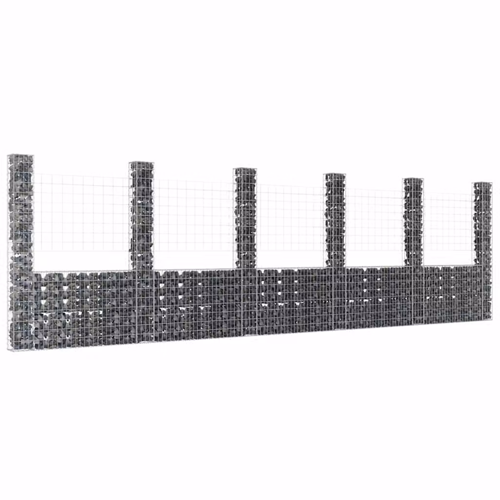 vidaXL Gabbione a U in metallo grigio con 6 pali in ferro L: 620 cm, P: 20 cm, H: 200 cm