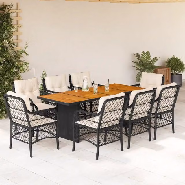 Set da pranzo da giardino moderno vidaXL in polyrattan e legno di acacia composto da 9 pezzi con cuscini