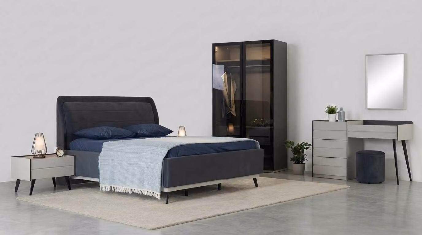 Set per camera da letto: letto, comodini, armadio, design moderno, colori blu e nero, elegante