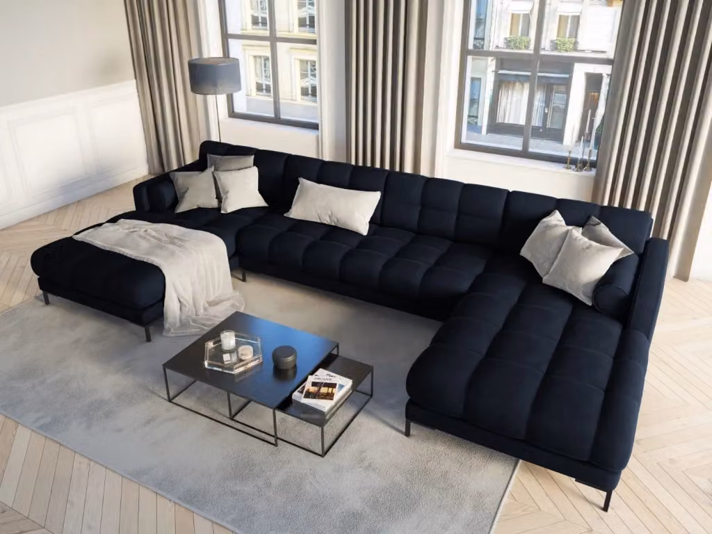 Divano panoramico Bali Cosmopolitan Design a 7 posti in velluto blu scuro con configurazione a L e seduta sinistra L/P/H: 383 x 185 x 75 cm – 2