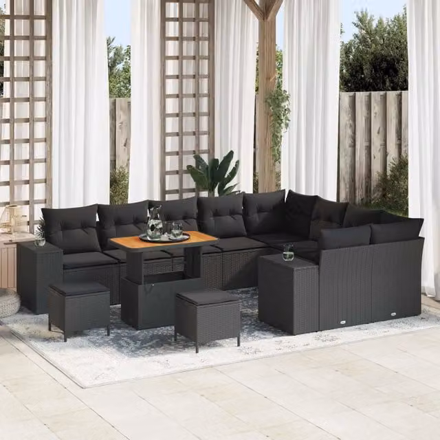 Set Divano da Giardino vidaXL a Forma di U con Cuscini e Tavolino, Nero
