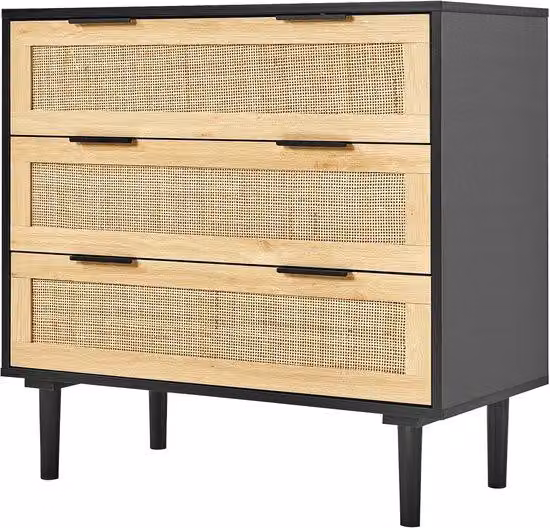 Comodino in rattan naturale con 3 cassetti – Cassettiera in legno dal design moderno, ideale per ripostigli, camere da letto, soggiorni e corridoi