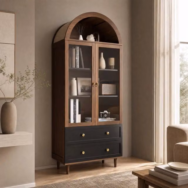 Sideboard moderno in MDF e vetro con ripiani regolabili, design retro color noce, 70x38x165 cm