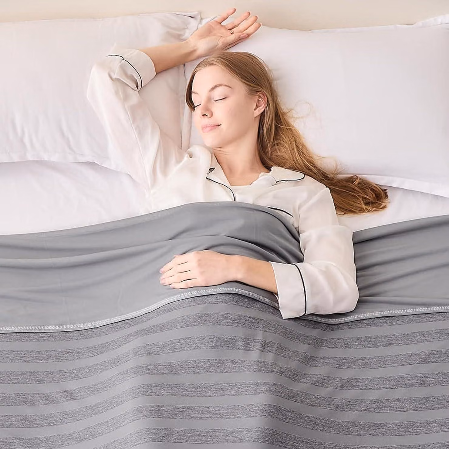 Coperta refrigerante 228x228 cm, grigia, a righe, reversibile, traspirante, ideale per l'estate