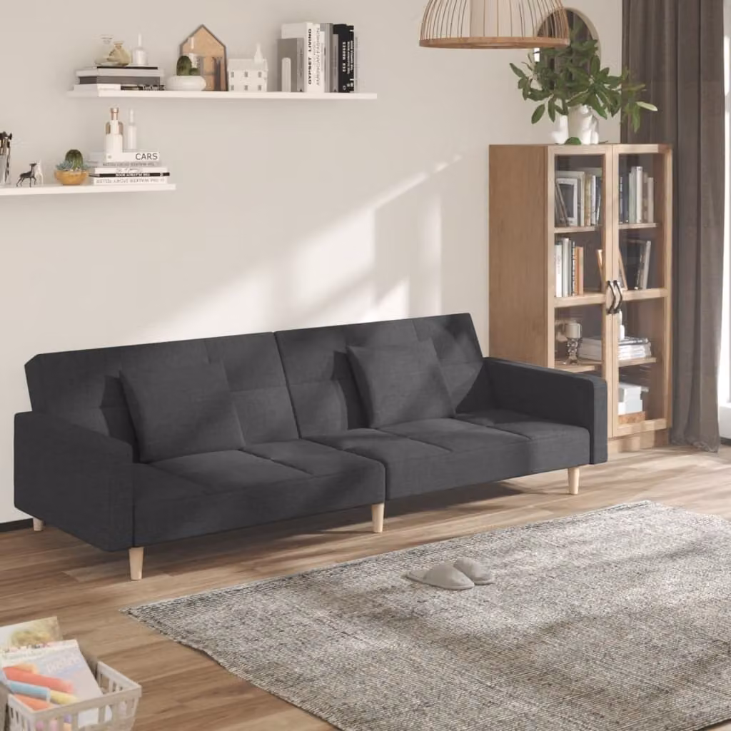 Divano letto 2 posti con 2 cuscini, tessuto grigio scuro, marca Maison Exclusive