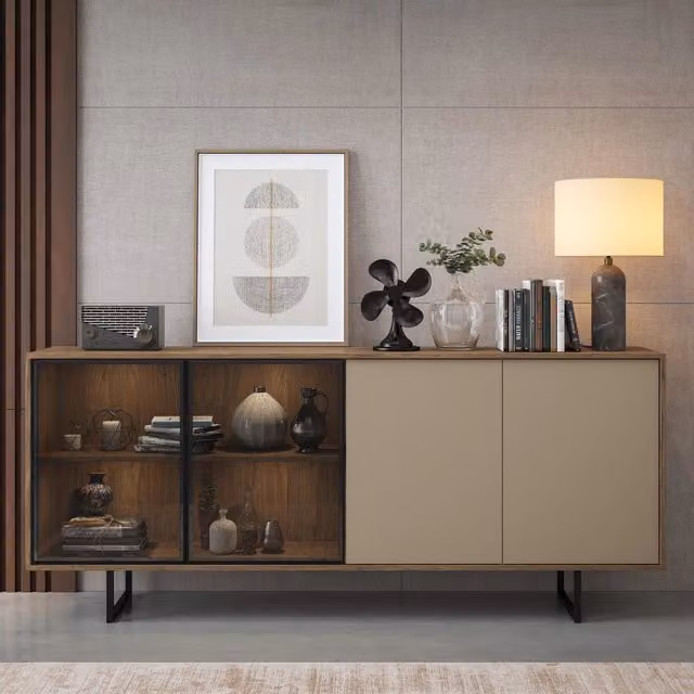 Madia DMORA con illuminazione integrata in legno e vetro, Beige e Marrone, L: 200 cm, P: 40 cm, H: 87 cm