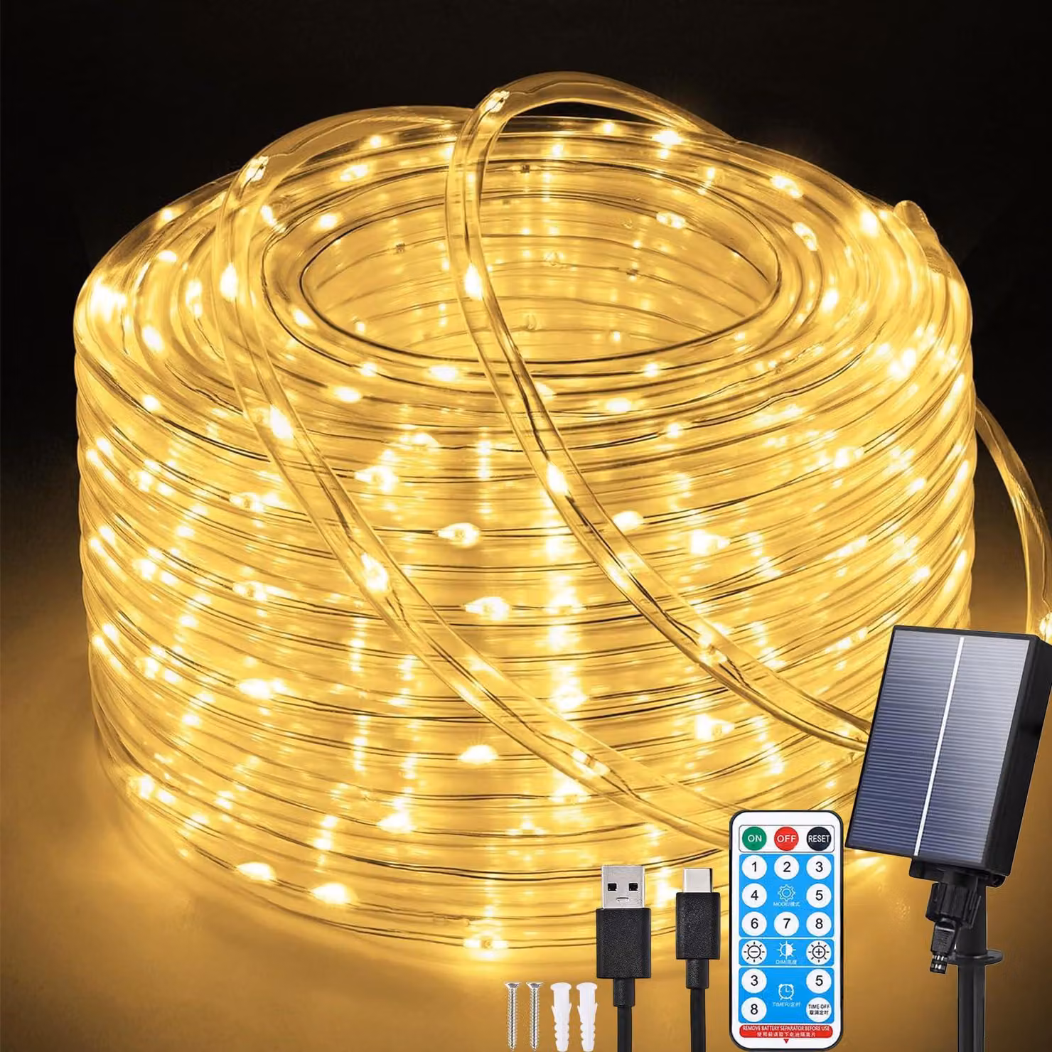 Striscia luminosa a LED solare, 20 metri, 200 LED, grado di protezione IP65, 8 modalità, con telecomando