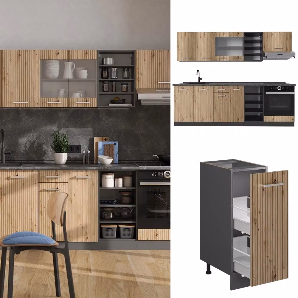 Cucina componibile moderna Vicco R-Line in legno Rovere e Antracite, Larghezza: 240 cm – 2