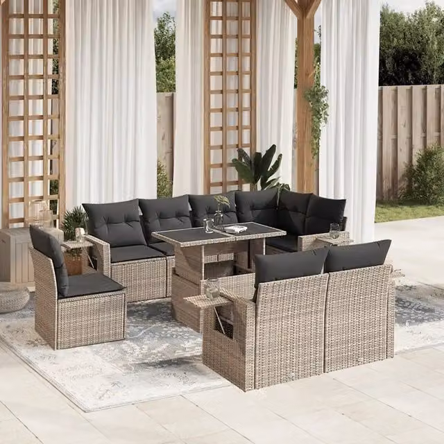 Set Divano da Giardino a L vidaXL 9pz con Cuscini Antracite e Tavolino in Vetro – 1