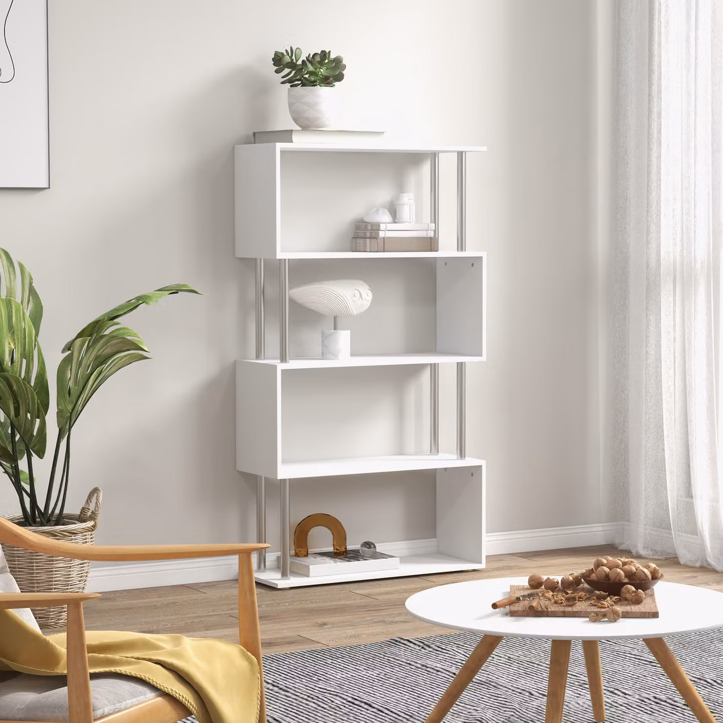 Libreria Moderna HOMCOM Bianca con Ripiani in Legno e Metallo per Soggiorno, Camera da Letto o Ufficio – 2