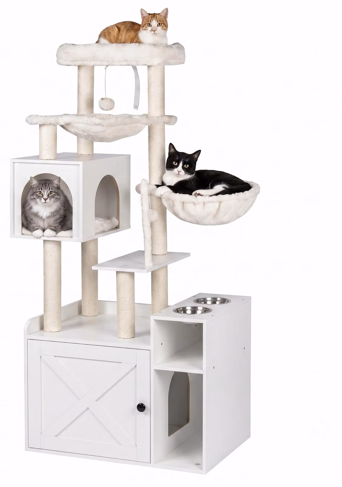 Relaxdays, tiragraffi per gatti con armadietto per la lettiera e dispenser per cibo, dimensioni 144x71x45,5 cm, pali in sisal e cuccia, aspetto legno, bianco