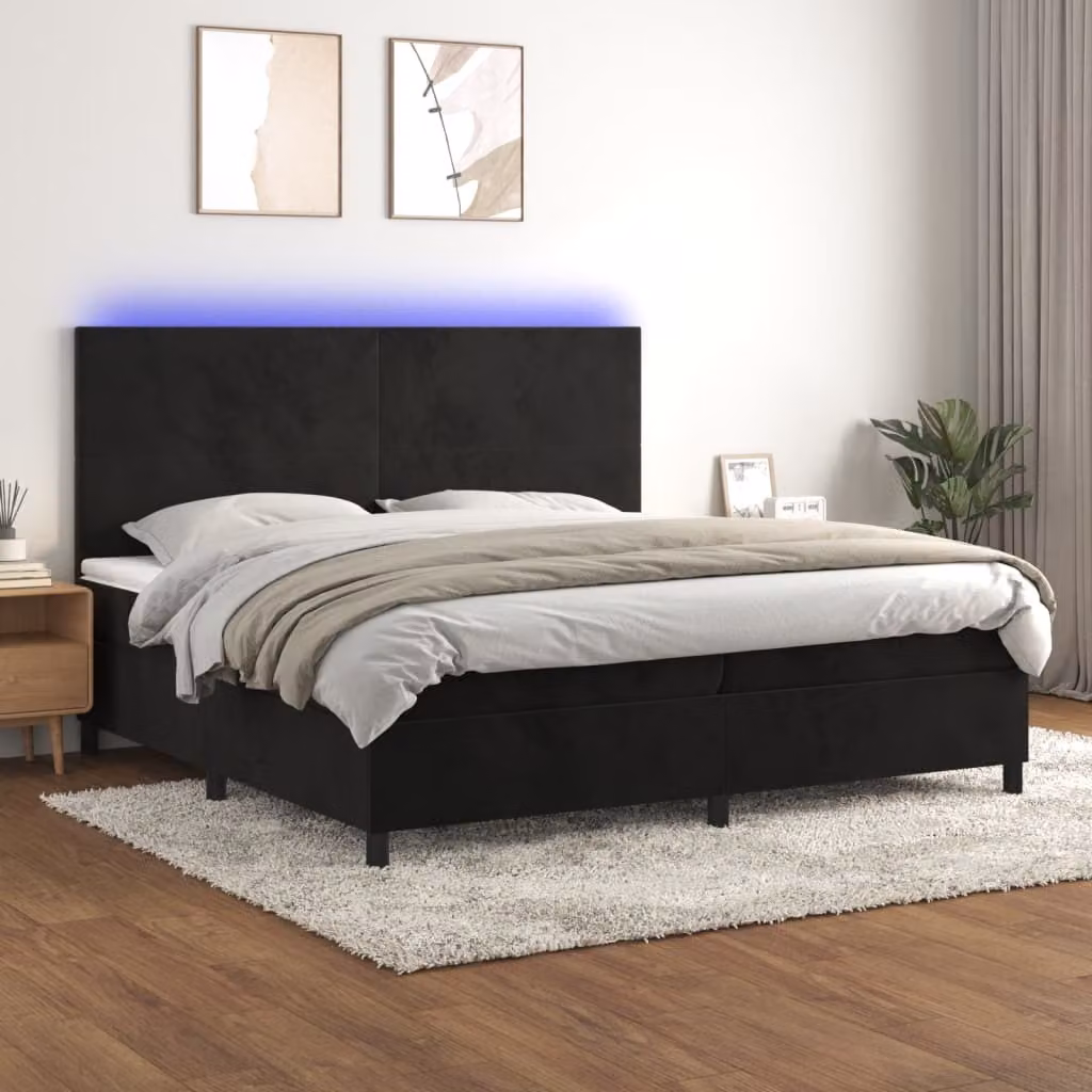 The Living Store Letto a molle con materasso e LED nero 200x200 cm in velluto