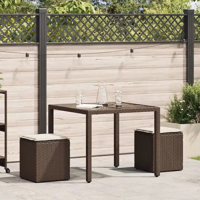 Set di 2 sgabelli da giardino moderni vidaXL in polyrattan marrone e bianco con cuscini rimovibili L/P/H: 40 x 40 x 43 cm